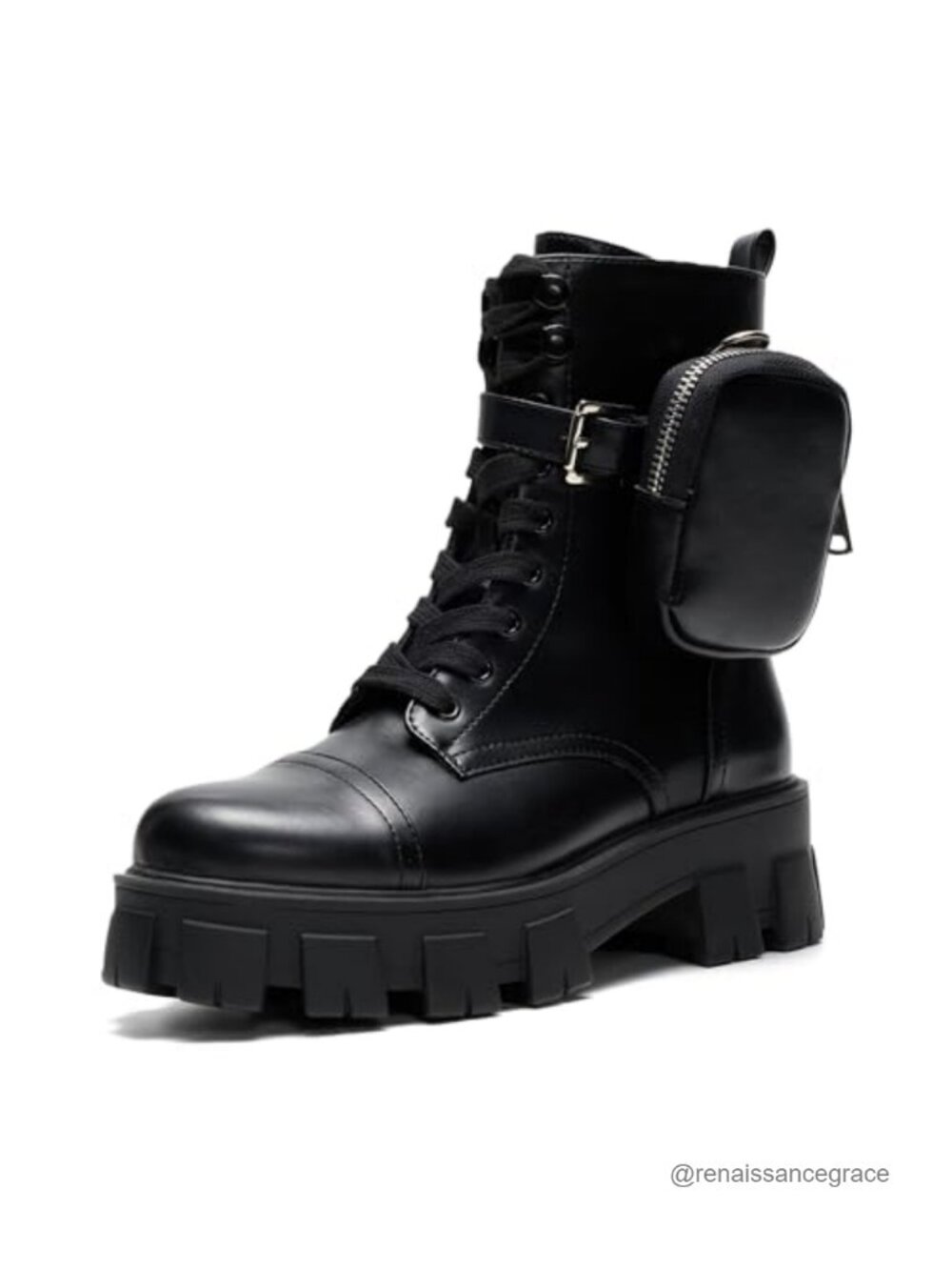 Chunky Platform Combat Boots with Zippered Pouch - Lace Up Ankle Booties